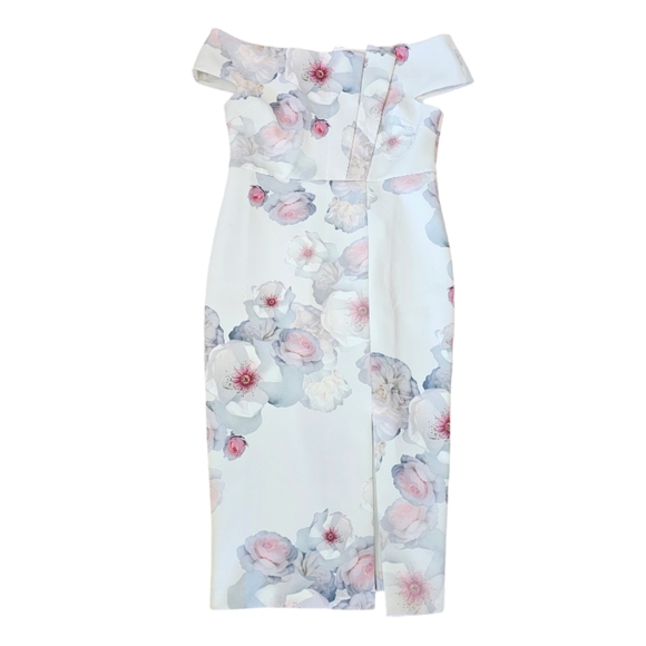 TED BAKER Lovez Short Bardot Sleeve Bodycon Pleated Floral White Dress - Picture 2 of 7